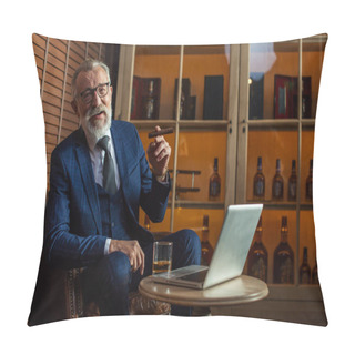 Personality  Elderly Businessman With Glass Of Whiskey And Cigar On Dark Back Pillow Covers
