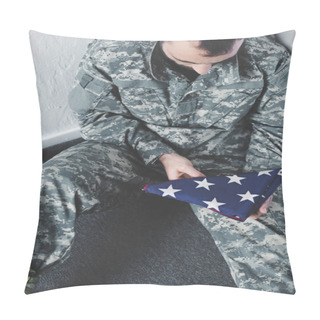 Personality  High Angle View Of Depressed Man In Military Uniform Sitting On Floor In Corner And Holding Usa National Flag Pillow Covers