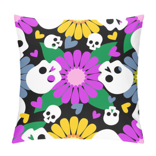 Personality  Geometric Seamless Pattern With The Image Of Skulls, Multi-colored Flowers, Hearts. Mexican Day Of The Dead. Pillow Covers