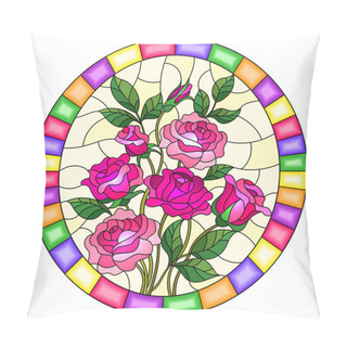 Personality  Illustration In Stained Glass Style With A Bouquet Of Pink  Roses On A Yellow  Background In A Bright Frame,oval  Image Pillow Covers