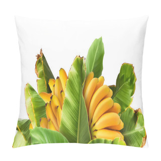 Personality  Fresh Ripe Baby Bananas With Green Leaves Isolated On White Background Pillow Covers