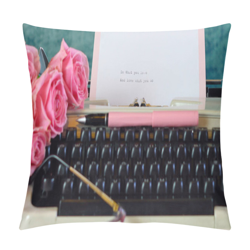 Personality  Romantic vintage writing scene, tea break with old typewriter. pillow covers