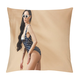 Personality  Side View Of Sexy Brunette Woman In Polka Dot Swimsuit And Sunglasses Posing On Beige Background Pillow Covers
