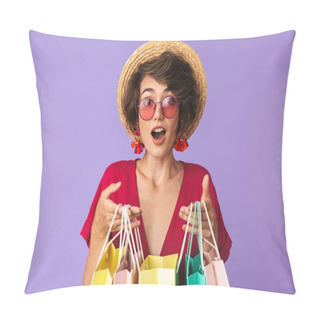 Personality  Image Of Excited Brunette Woman 20s In Straw Hat Holding Colorful Paper Shopping Bags Isolated Over Violet Background Pillow Covers