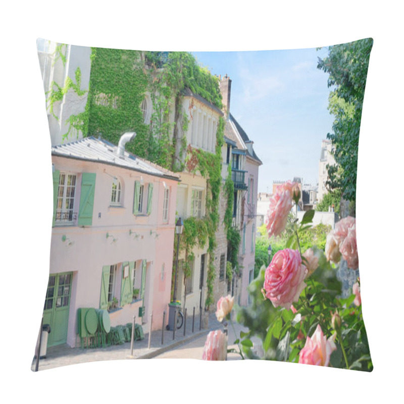 Personality  View Of Cosy Street In Quarter Montmartre In Paris, France. Cozy Cityscape Of Paris At Summer With Rose Flowers. Architecture And Landmarks Of Paris. Pillow Covers