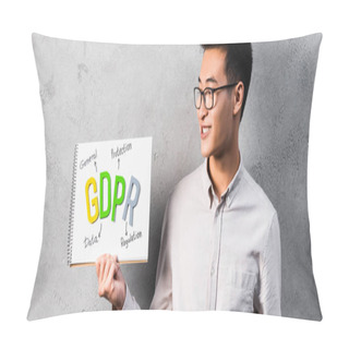 Personality  Panoramic Shot Of Smiling Asian Businessman Holding And Looking At Paper With Gdpr Lettering  Pillow Covers