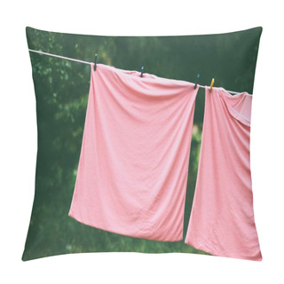 Personality  Pink Pillowcases Are Dried In The Garden On A Rope With Plastic Clothespins. Pillow Covers