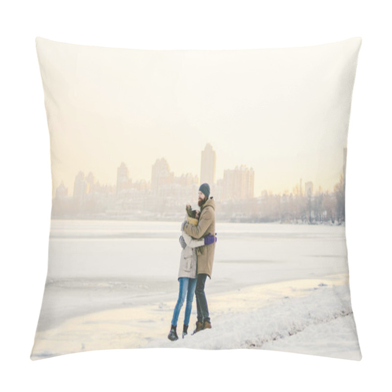Personality  Theme Christmas holidays winter new year. Young stylish Caucasian loving couple Heteresexual walking on the shore of a frozen lake. Date. Valentines Day in winter at sunset. Love and Romance Theme. pillow covers
