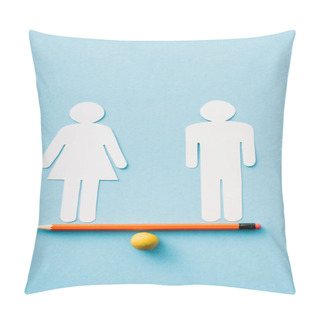 Personality  Paper Figures Of Couple As Gender Equality On Pencil With Ball Isolated On Blue, Sexual Equality Concept  Pillow Covers