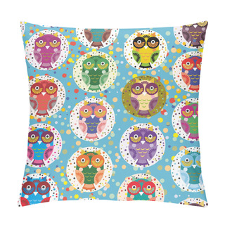 Personality  Seamless Pattern Bright Colorful Cute Owls On Blue Background, Funny Birds Face With Winking Eye, Bright Colors. Vector Illustration Pillow Covers