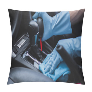 Personality  Cropped View Of Car Cleaner Dusting Gear Shifter With Rubber Air Lower And Rag Pillow Covers