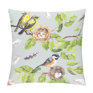 Personality  Birds, Nest On Branch. Seamless Repeating Pattern. Watercolor Pillow Covers