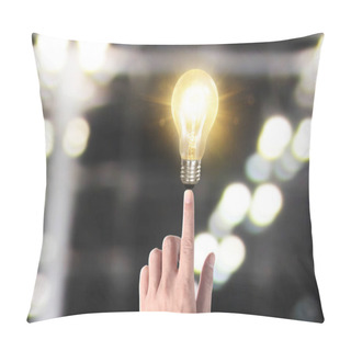 Personality  Hand Of Holding Illuminated Light Bulb, Idea, Innovation Inspira Pillow Covers