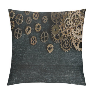 Personality  Top View Of Aged Metal Gears On Dark Wooden Background Pillow Covers