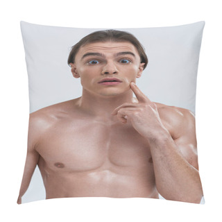 Personality  Shirtless Handsome Shocked Man Posing With Finger Near Face And Looking At Camera On Gray Backdrop Pillow Covers