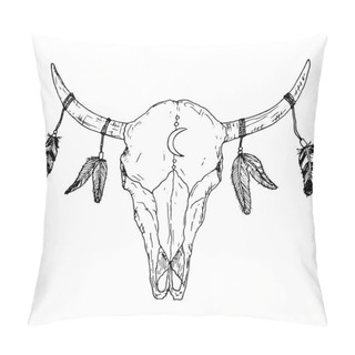 Personality  Bull Skull With Feathers On Horns. Boho Style. Vector. Pillow Covers