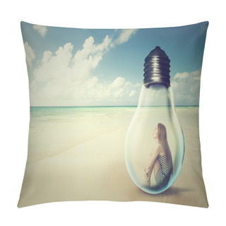 Personality  Woman Sitting Inside A Light Bulb On A Beach Looking At The Ocean View Pillow Covers
