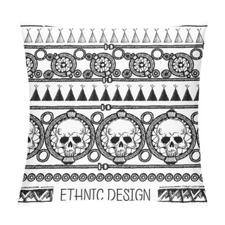 Personality  Hand Drawn Painted Seamless Pattern. Tribal Ethnic Seamless. Black And White Colors. For Invitation, Web, Textile, Wallpaper, Wrapping Paper. Set Of Ink Ethnic Stripes With Skulls. Ink Set Pillow Covers