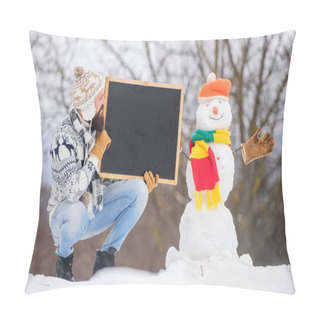 Personality  Winter Holidays. Upcoming Event. Man With Beard Hold Chalkboard Copy Space. Winter Announcement. Hipster Knitted Hat And Gloves Show Blackboard. Guy And Snowman Snowy Nature Background. Winter Event Pillow Covers
