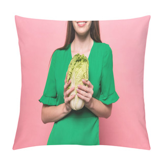 Personality  Cropped View Of Smiling Girl Holding Chinese Cabbage On Pink Pillow Covers
