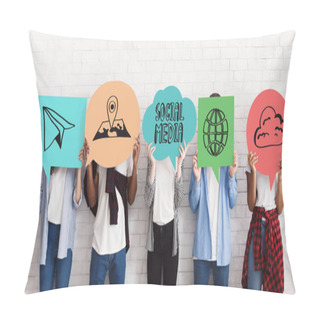 Personality  Social Media Icons. Teenagers Covering Their Faces With Speech Bubbles Pillow Covers