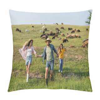 Personality  Happy Farmers With Daughter Running In Green Meadow Near Grazing Herd Pillow Covers