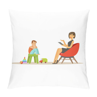 Personality  Depressed Boy Talking To Child Psychologist About Problems, Psychotherapy Counseling, Psychologist Having Session With Patient Vector Illustration Pillow Covers