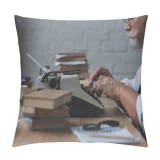 Personality  Side View Of Serious Senior Writer Working With Typewriter Pillow Covers