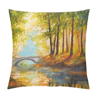 Personality  Oil Painting Landscape - Autumn Forest Near The River, Orange Leaves Pillow Covers