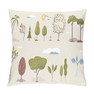 Personality  Trees Set With Various Growing Plants And Elements Tiny Person Collection. Botany Items With Different Rainforest, Jungle And Woods Vegetation Types Vector Illustration. Maple, Birch And Palms Leaves. Pillow Covers