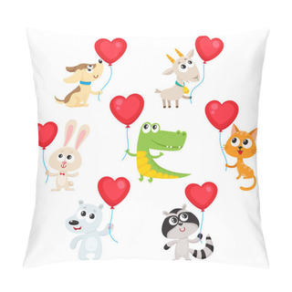 Personality  Cute And Funny Baby Animals Holding Red Heart Shaped Balloons Pillow Covers