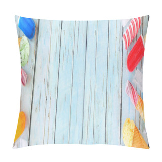Personality  Assorted Colorful Summer Ice Pops And Ice Cream Treats. Top View Double Border On A Rustic Blue Wood Banner Background. Copy Space. Pillow Covers