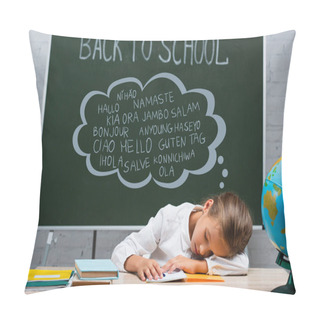 Personality  Exhausted Schoolgirl Sleeping At Desk Near Globe And Chalkboard With Back To School And Greeting Lettering Pillow Covers