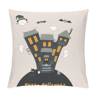 Personality  Hand Drawn Vector Illustration Of Haunted House And Kawaii Funny Moon With Ghosts And Text Happy Halloween, Design Concept For Greeting Card And Party Invitation Pillow Covers
