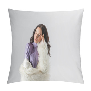 Personality  Brunette Young Woman In Stylish White Faux Fur Jacket Posing On Grey Background Pillow Covers
