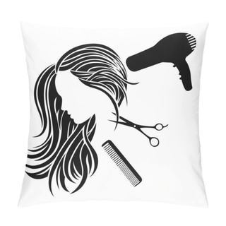 Personality  Silhouette Of A Girl With Hair Dryer Scissors And Comb. Design Suitable For Tool Store Logo, Haircut Salon, Hair Salon, Decor, Tattoo, Salon, Beauty Salon, T-shirt Printing. Isolated Vector Pillow Covers