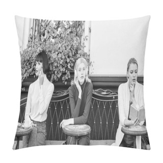 Personality  Three Girls Do Different Things. Different Ways To Relax. Girls In Cafe. Social Diversity. Listening Music. Reading Book. Speaking On Phone. Frienship. Free Time Spending. Relax. Business Meeting Pillow Covers