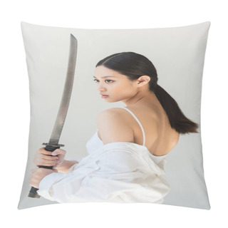 Personality  Pretty Japanese Woman Holding Wakizashi Sword Isolated On Grey Pillow Covers