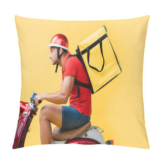 Personality  Side View Of Delivery Man With Backpack Riding Red Scooter On Yellow Pillow Covers