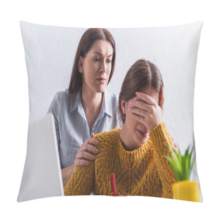 Personality  Worried Mother Hugging Upset Teenage Daughter Crying While Studying Online At Home Pillow Covers