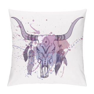 Personality  Vector Illustration Of Bull Skull With Feathers And Watercolor Splash Pillow Covers