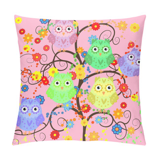 Personality  Bright Cute Cartoon Owls Sit On The Flowering Branches Of Fantastic Trees Pillow Covers