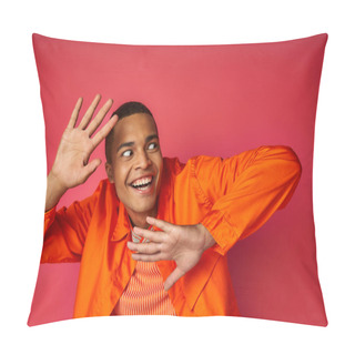 Personality  Excited And Funny African American Man Gesturing And Looking Away On Red, Orange Shirt, Trendy Pillow Covers