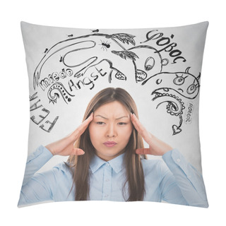 Personality  Young Business Woman Thinking Of Her Fearsand Doubts Closeup Face Portrait Pillow Covers