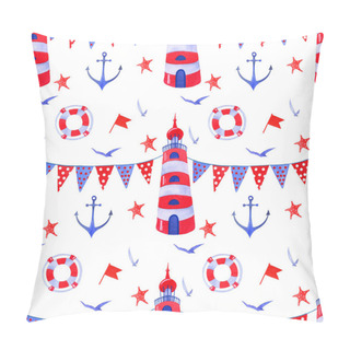 Personality  Marine Collection. Hand-drawn Watercolor Seamless Pattern, Lighthouse, Steering Wheel, Seagulls, Rope, Flags And Starfish Create A Mood Of Freedom And Summer. Picture For Children, For A Holiday, Paper, Textile Pillow Covers