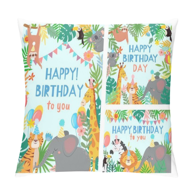 Personality  Cartoon happy birthday animals card. Congratulations cards with cute safari or jungle animals party in tropical forest vector illustration set pillow covers