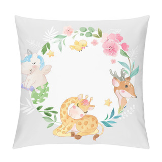 Personality  Cute Animal In Circle Flowers Frame Illustration Pillow Covers