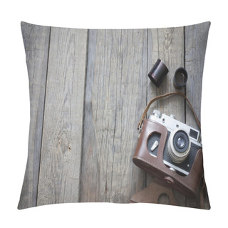 Personality  Old Retro Camera On Vintage Wooden Boards Abstract Background Pillow Covers