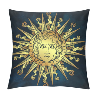 Personality  Hand Drawn Antique Style Sun With Face Of The Greek And Roman God Apollo Over Blue Sky Background. Flash Tattoo Or Fabric Print Design Vector Illustration. Pillow Covers