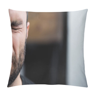 Personality  Partial View Of Depressed Bearded Man Crying With Closed Eyes Pillow Covers